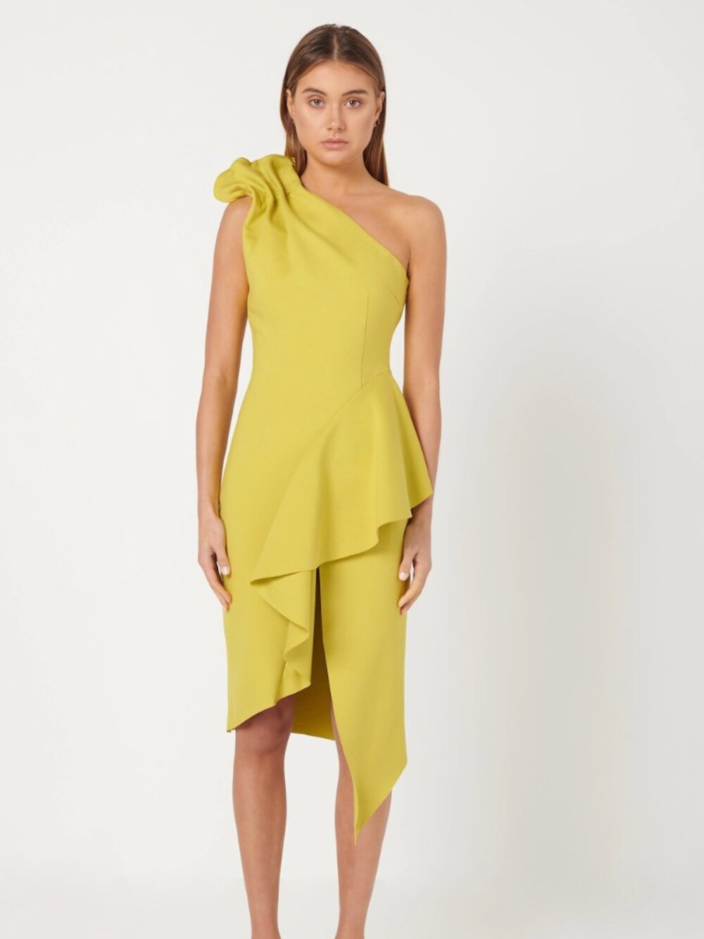 NWT Elliatt Charisma One-Shoulder Structured Asymmetrical Fitted Midi Dress, M